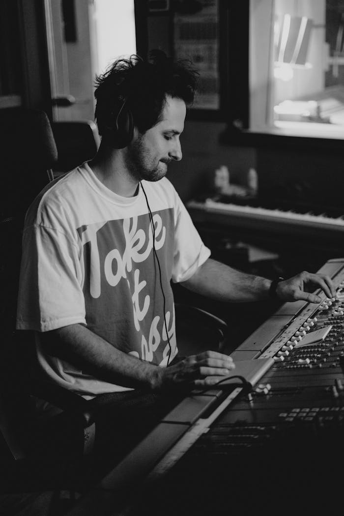 A sound engineer wearing headphones adjusts a mixing panel in a recording studio.