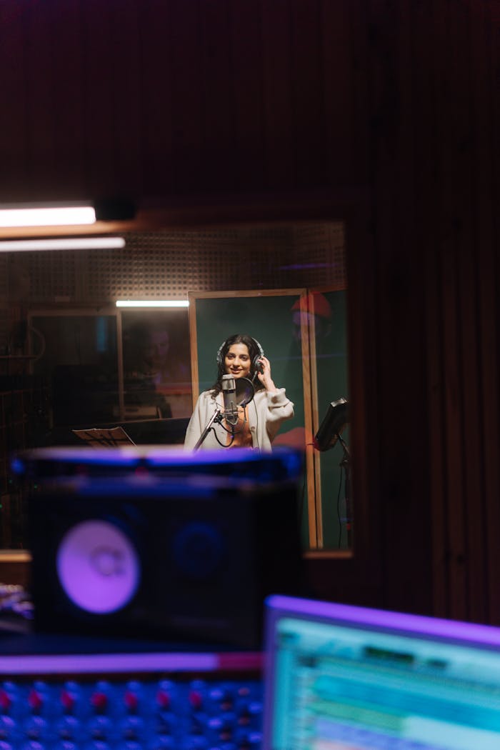 A woman singing into a condenser microphone in a recording studio.