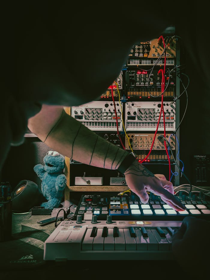 Person engaging with synthesizer and drum machine in a music studio setup.