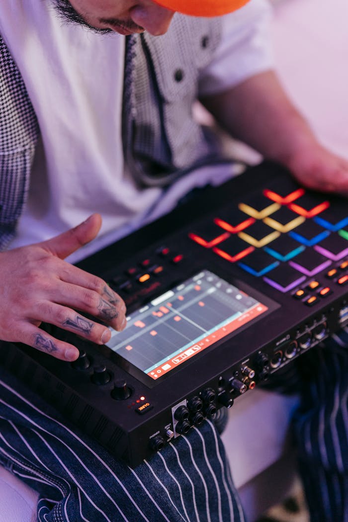 Close-up of a DJ operating a music mixer with vibrant pads and touchscreen.